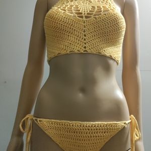 Handmade light yellow crochet star crop top and bikini bottoms, Small